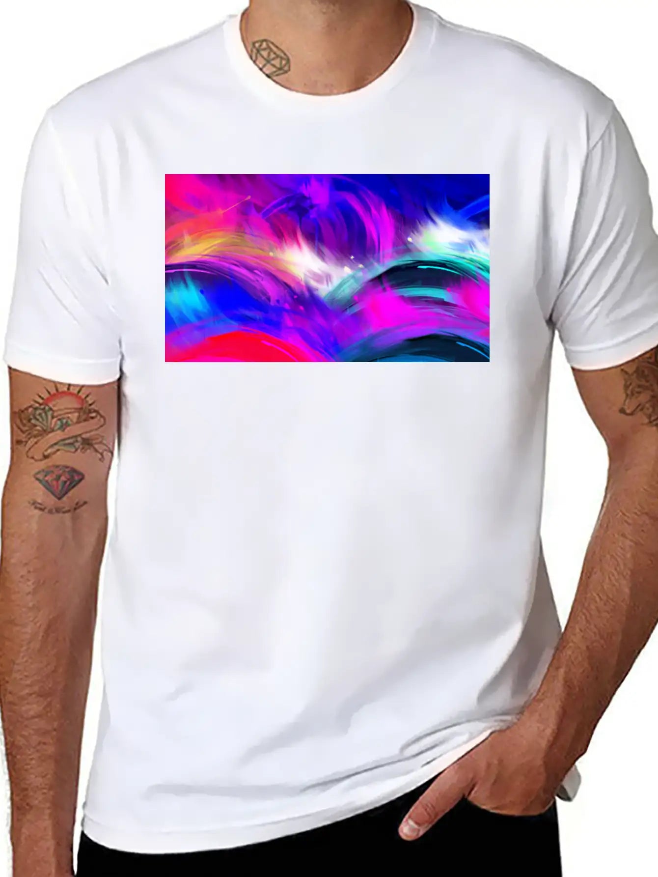 Blue And Purple Wavy Oil Grunge Paint Basic Graphic T-Shirt – Daily Comfort In Soft Cotton