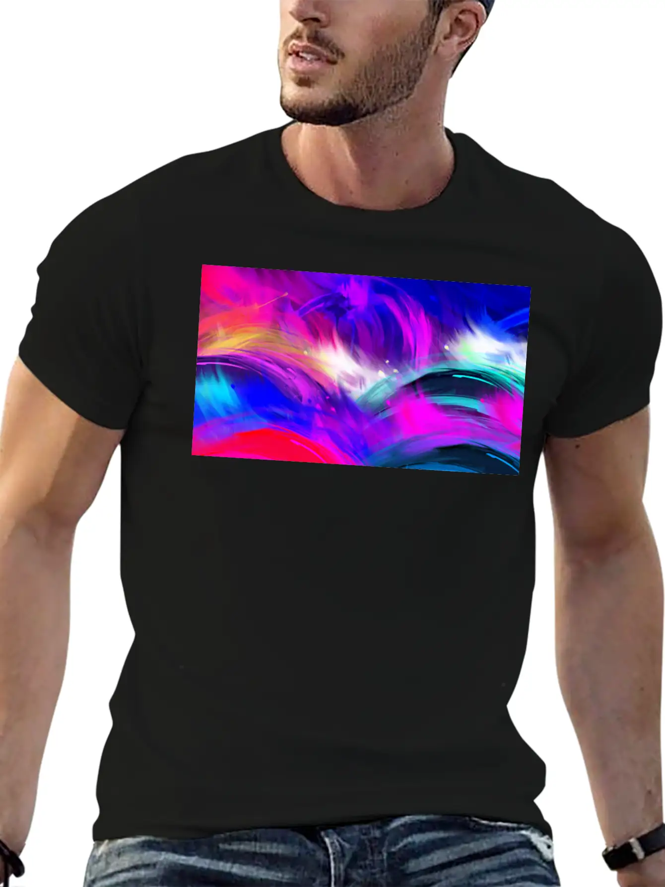 Blue And Purple Wavy Oil Grunge Paint Basic Graphic T-Shirt – Daily Comfort In Soft Cotton