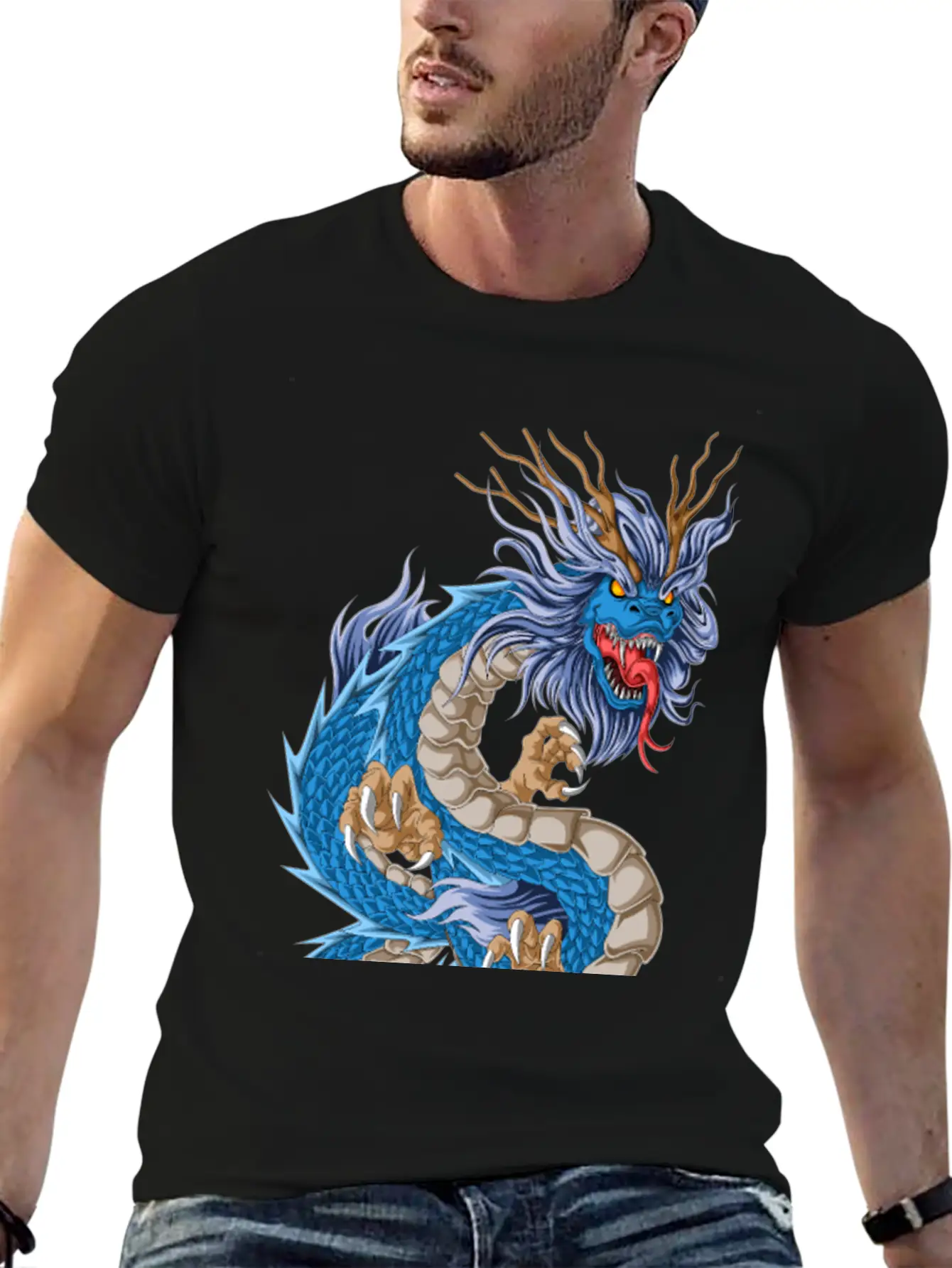 Blue Dragon Asian Stylish Everyday T-Shirt – Unisex Basic Cotton Tee