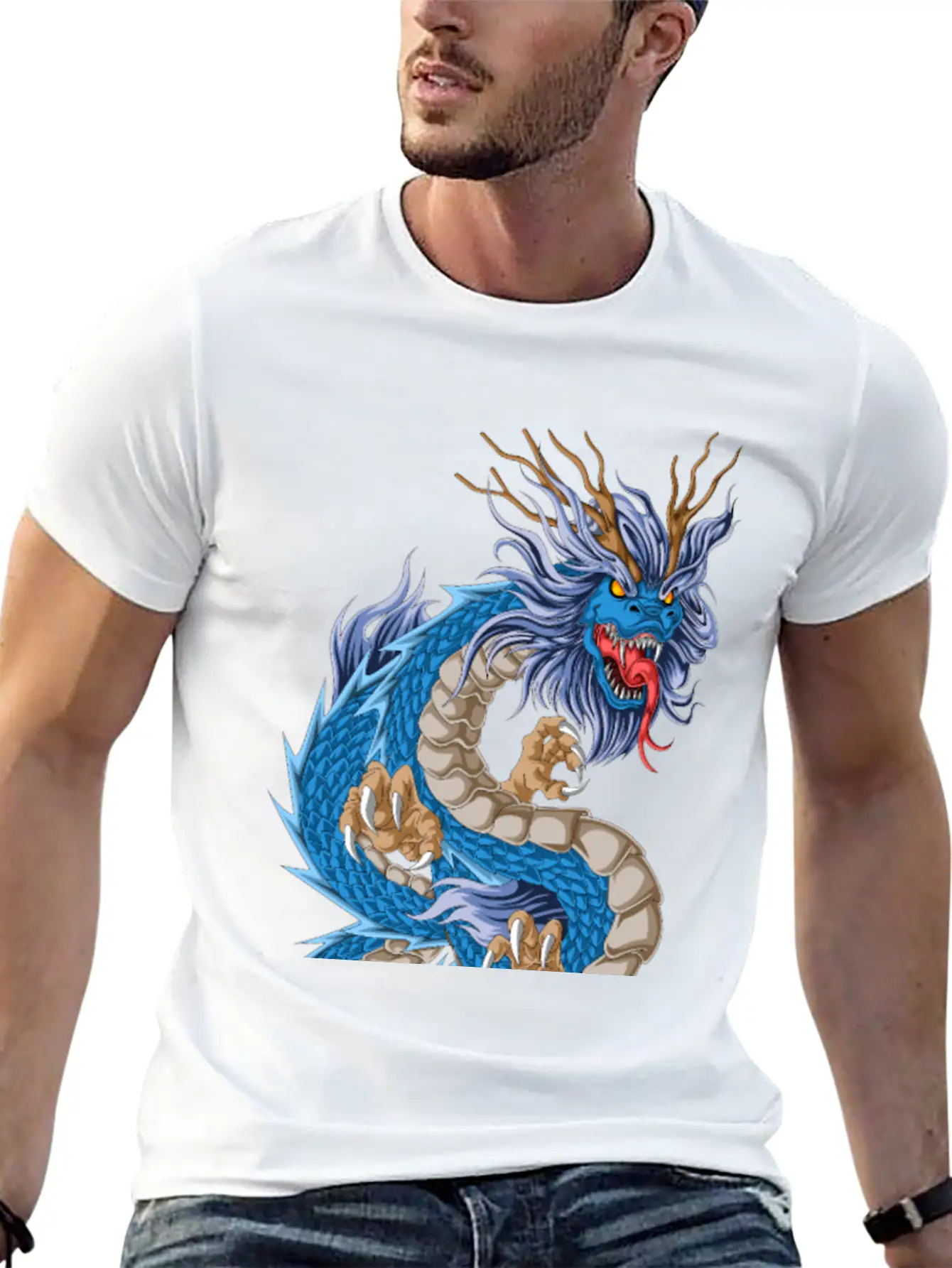 Blue Dragon Asian Stylish Everyday T-Shirt – Unisex Basic Cotton Tee