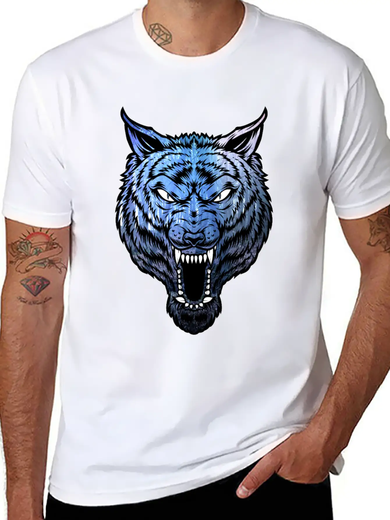 Blue Wolf With Forest Basic Graphic T-Shirt – Daily Comfort In Soft Cotton