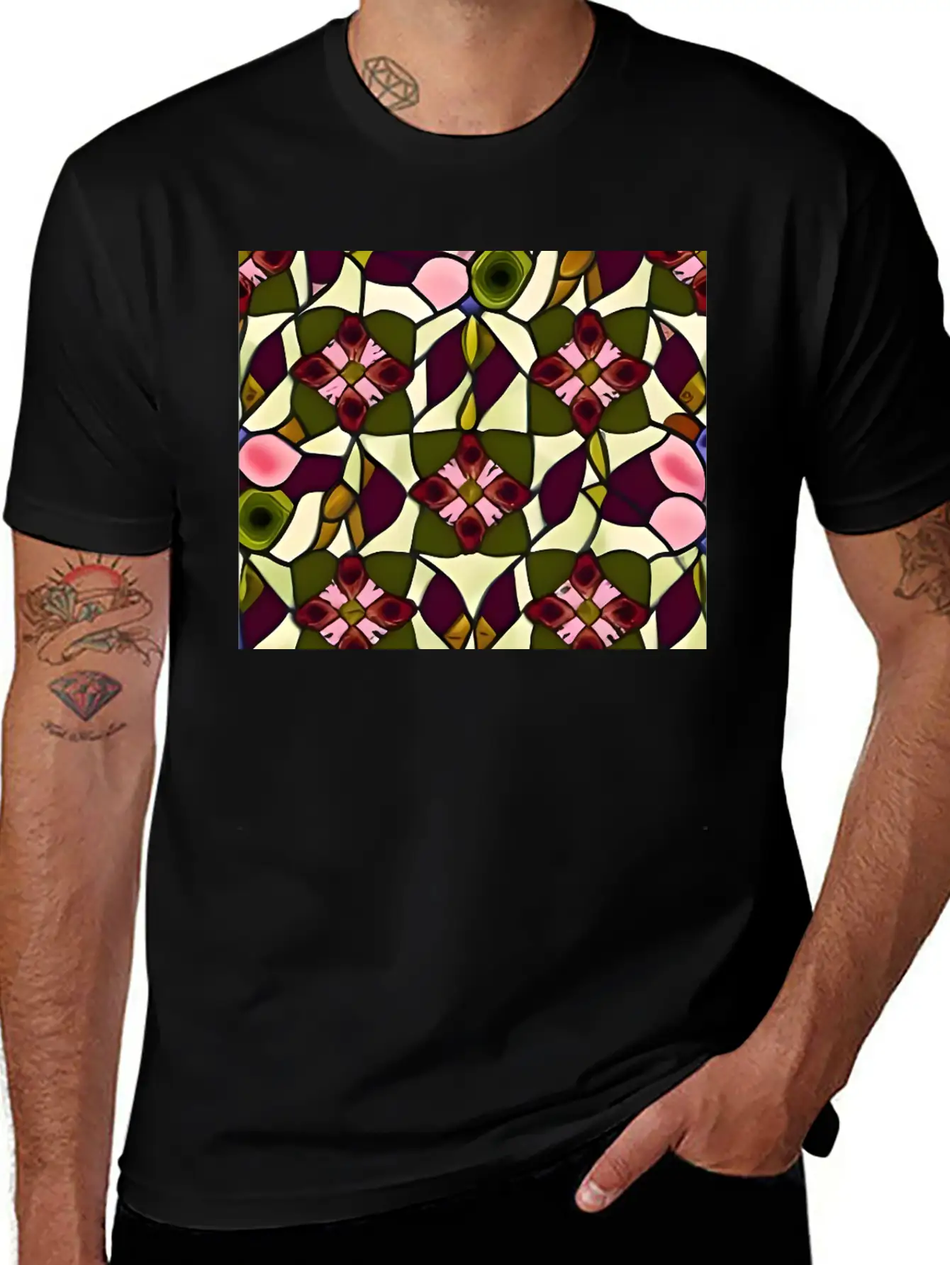 Bold Floral Medallion Stained Glass Pattern Basic Graphic T-Shirt – Daily Comfort In Soft Cotton