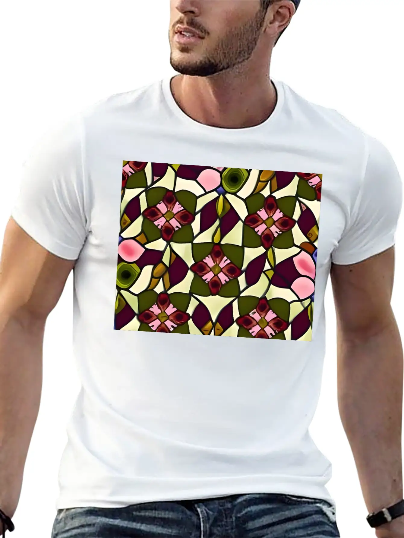 Bold Floral Medallion Stained Glass Pattern Basic Graphic T-Shirt – Daily Comfort In Soft Cotton