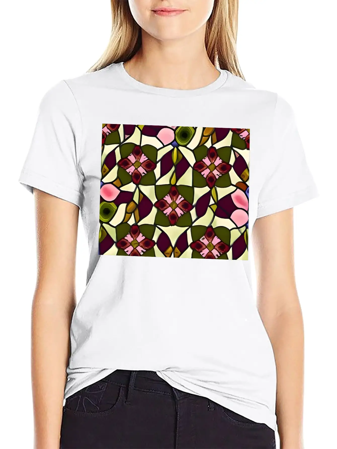 Bold Floral Medallion Stained Glass Pattern Basic Graphic T-Shirt – Daily Comfort In Soft Cotton