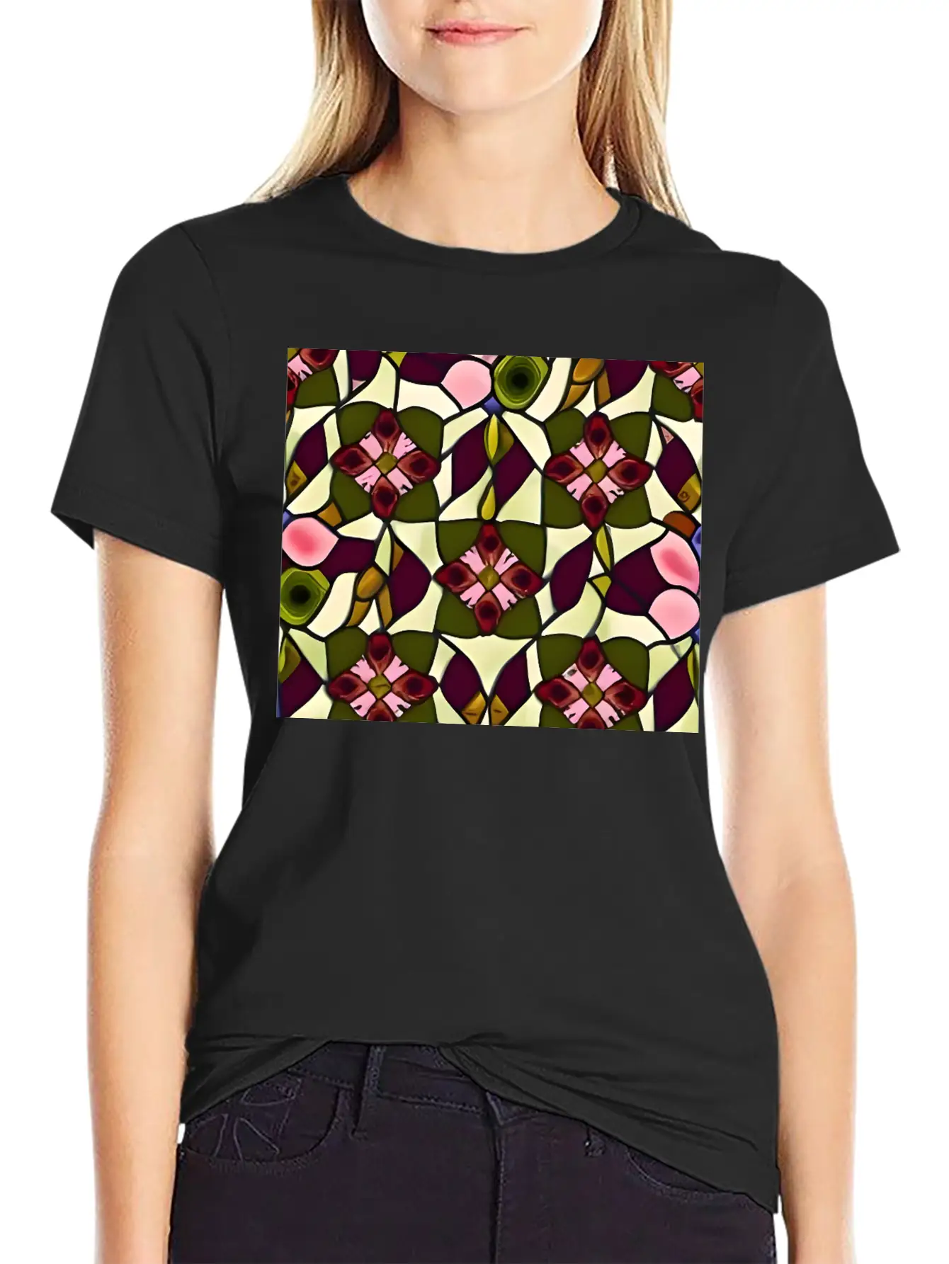 Bold Floral Medallion Stained Glass Pattern Basic Graphic T-Shirt – Daily Comfort In Soft Cotton