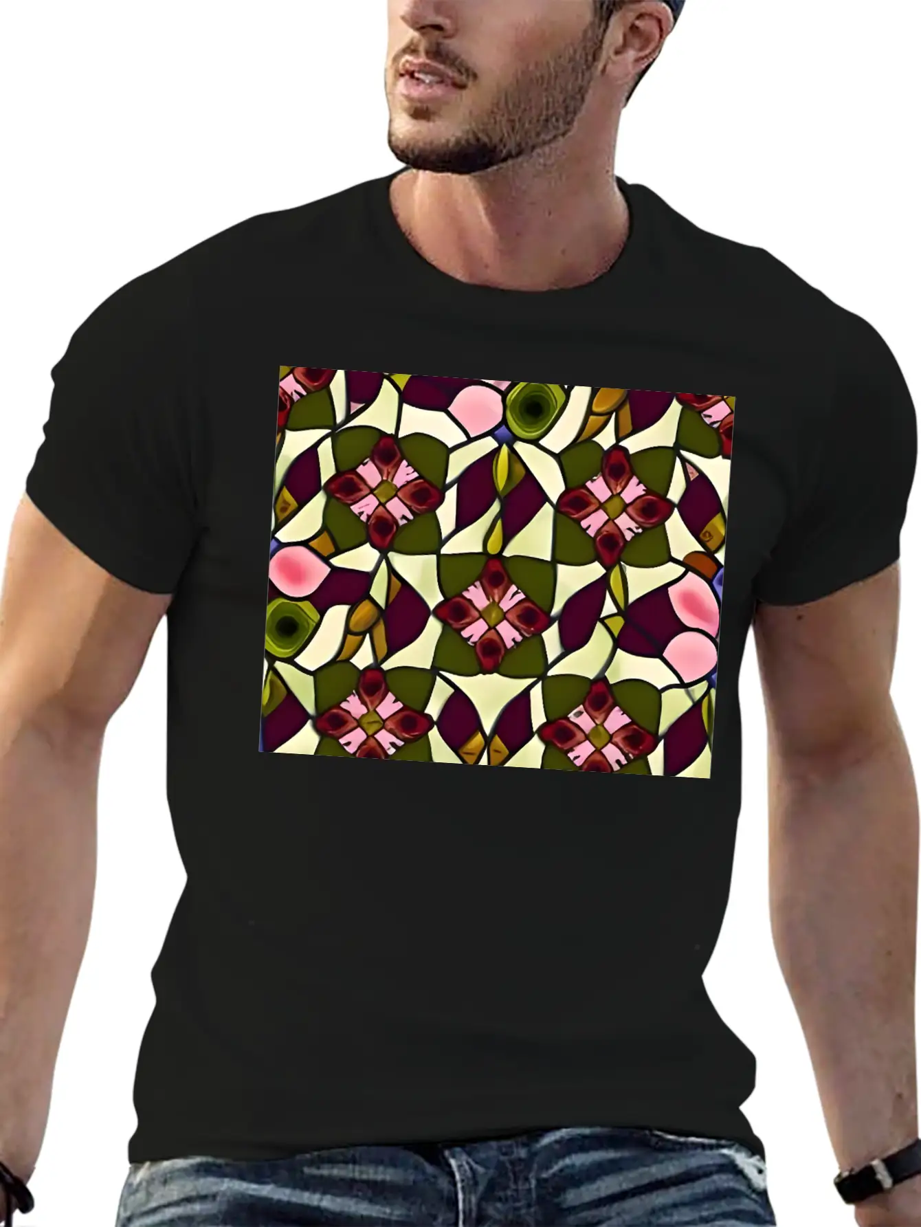 Bold Floral Medallion Stained Glass Pattern Basic Graphic T-Shirt – Daily Comfort In Soft Cotton