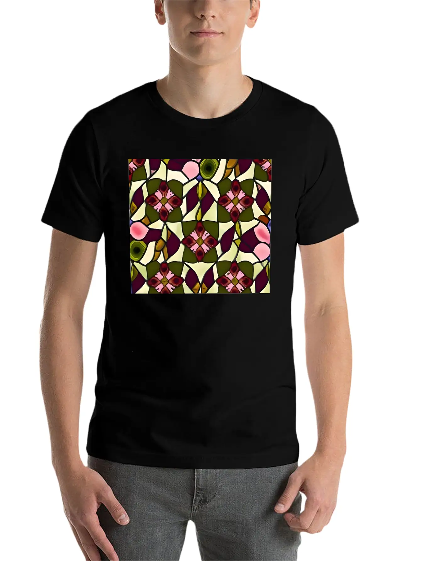 Bold Floral Medallion Stained Glass Pattern Basic Graphic T-Shirt – Daily Comfort In Soft Cotton