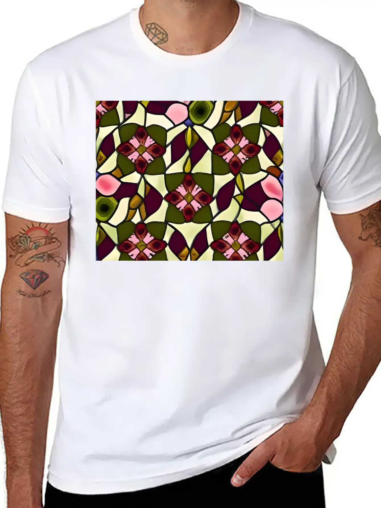 Bold Floral Medallion Stained Glass Pattern Basic Graphic T-Shirt – Daily Comfort In Soft Cotton