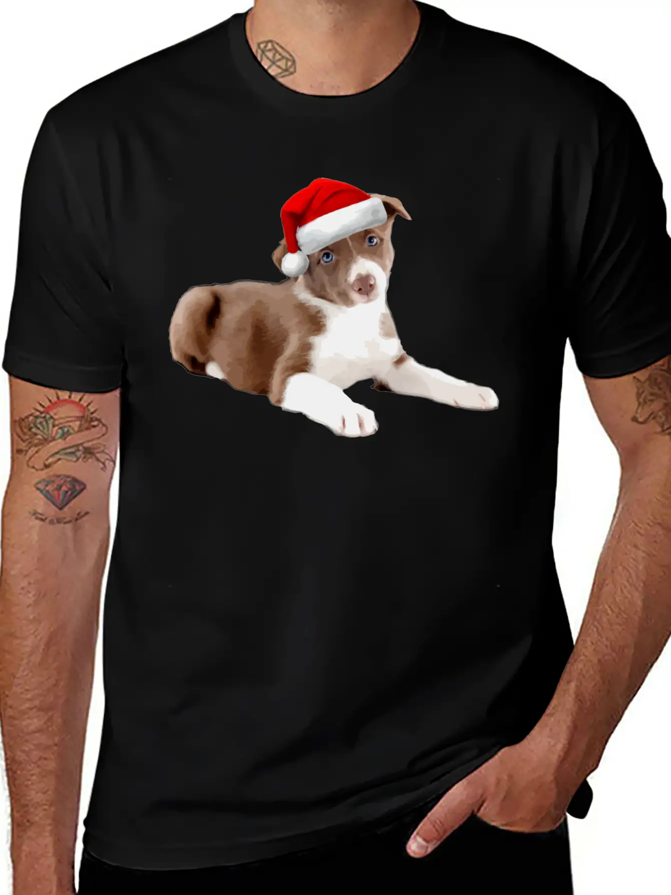 Border Collie Puppy Dog Santa Hat Image Funny Chri Basic Graphic T-Shirt – Daily Comfort In Soft Cotton