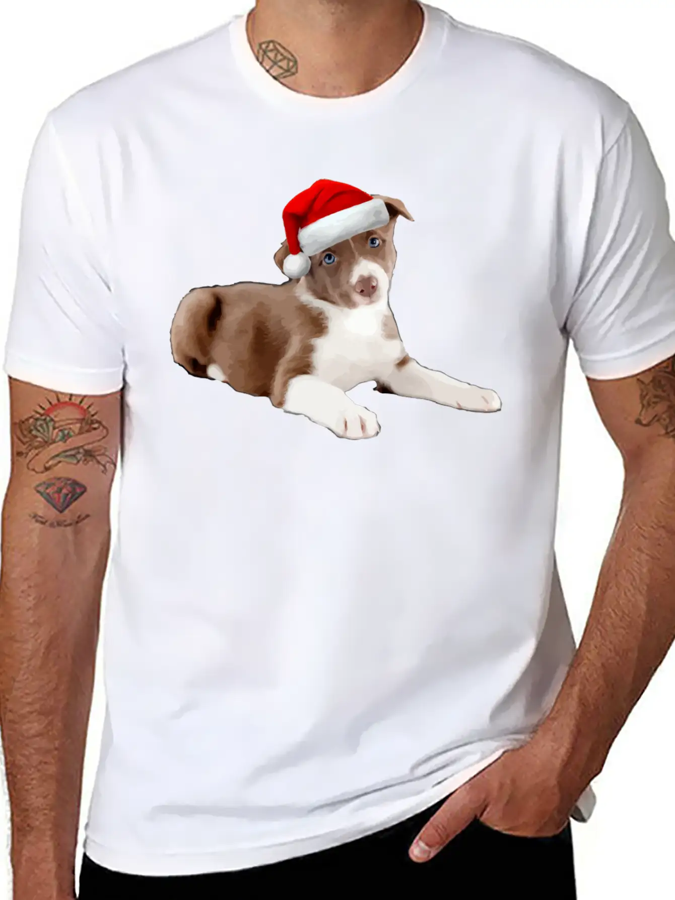 Border Collie Puppy Dog Santa Hat Image Funny Chri Basic Graphic T-Shirt – Daily Comfort In Soft Cotton