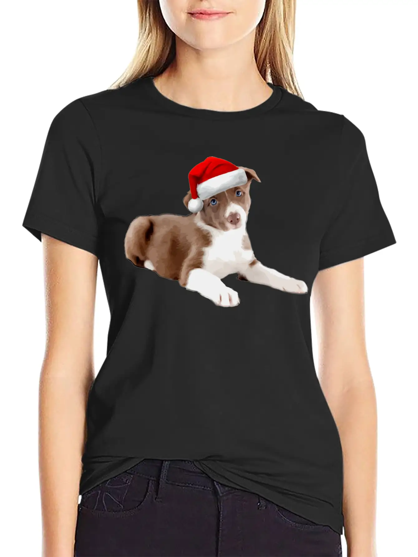 Border Collie Puppy Dog Santa Hat Image Funny Chri Basic Graphic T-Shirt – Daily Comfort In Soft Cotton