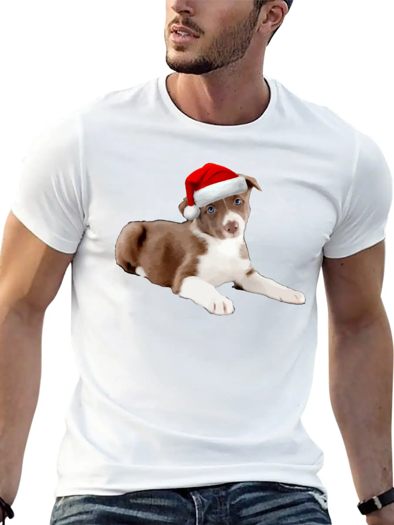 Border Collie Puppy Dog Santa Hat Image Funny Chri Basic Graphic T-Shirt – Daily Comfort In Soft Cotton