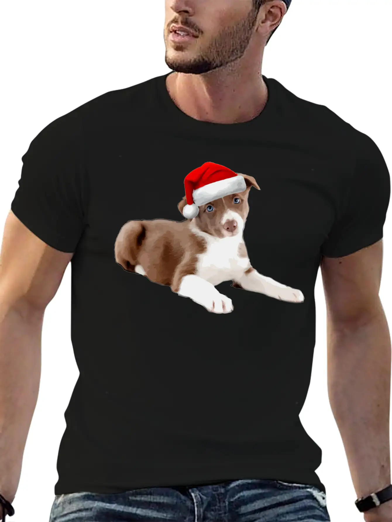 Border Collie Puppy Dog Santa Hat Image Funny Chri Basic Graphic T-Shirt – Daily Comfort In Soft Cotton