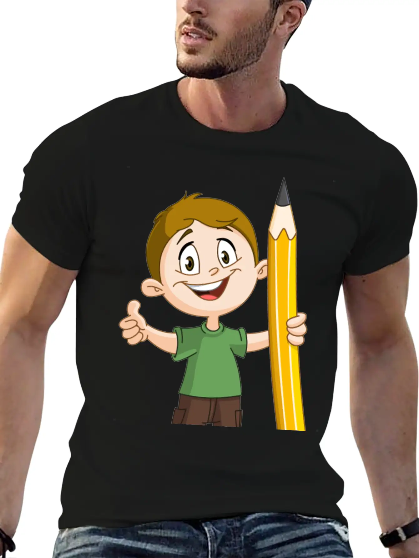 Boy Holding Big Pencil Basic Graphic T-Shirt – Daily Comfort In Soft Cotton