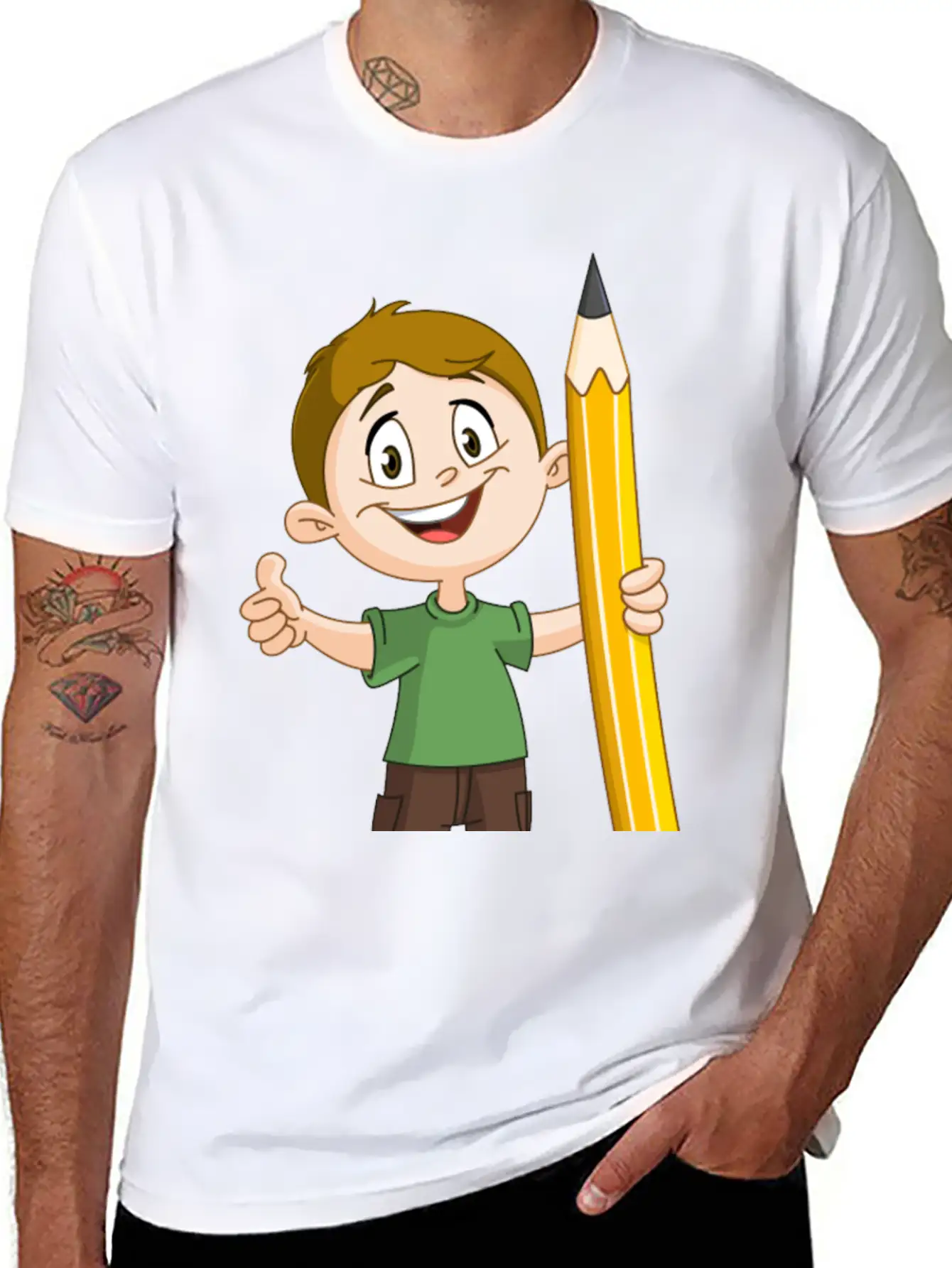 Boy Holding Big Pencil Basic Graphic T-Shirt – Daily Comfort In Soft Cotton