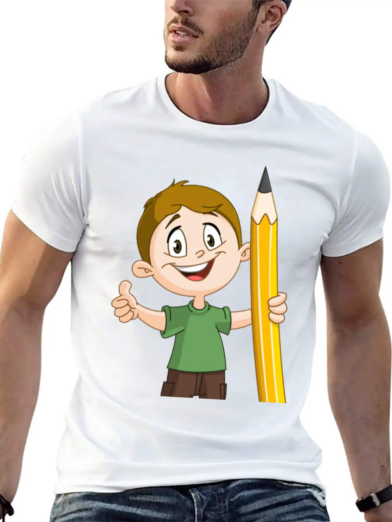 Boy Holding Big Pencil Basic Graphic T-Shirt – Daily Comfort In Soft Cotton