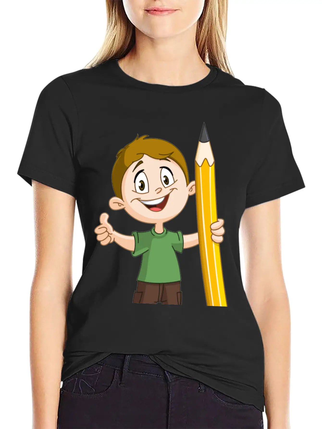 Boy Holding Big Pencil Basic Graphic T-Shirt – Daily Comfort In Soft Cotton