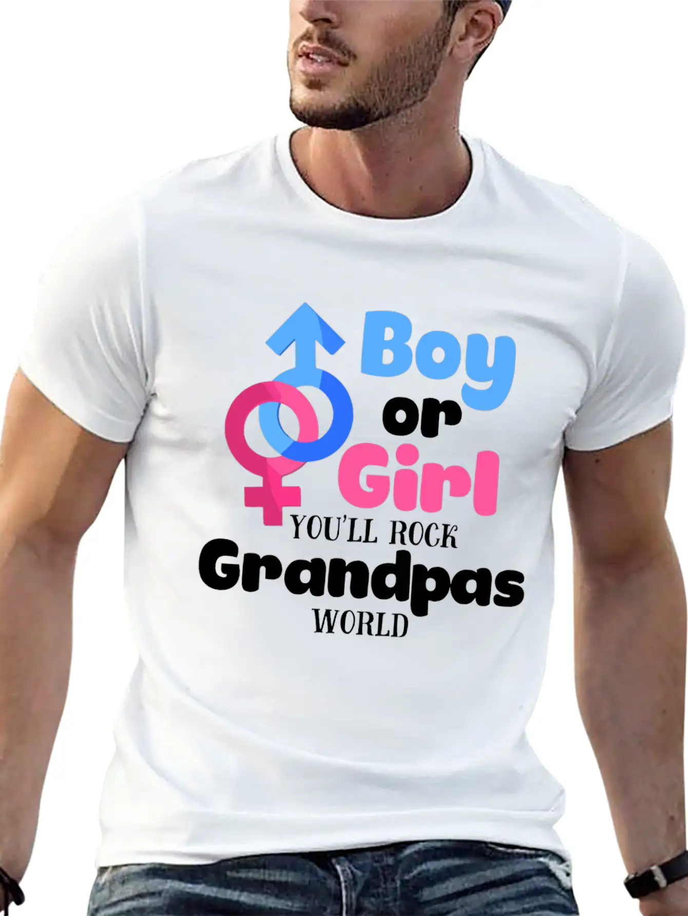 Boy Or Girl Gender Reveal Baby Shower Grandpa Stylish Everyday T-Shirt – Unisex Basic Cotton Tee