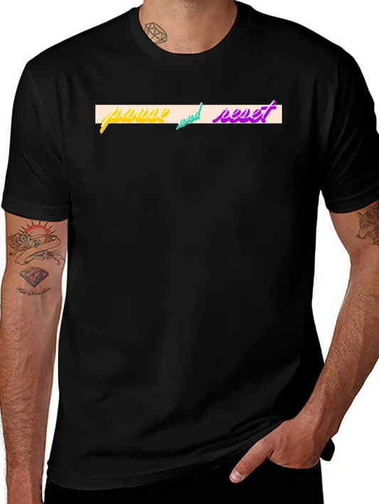 Pause and Reset Graphic Tee - Black Crew Neck T-Shirt