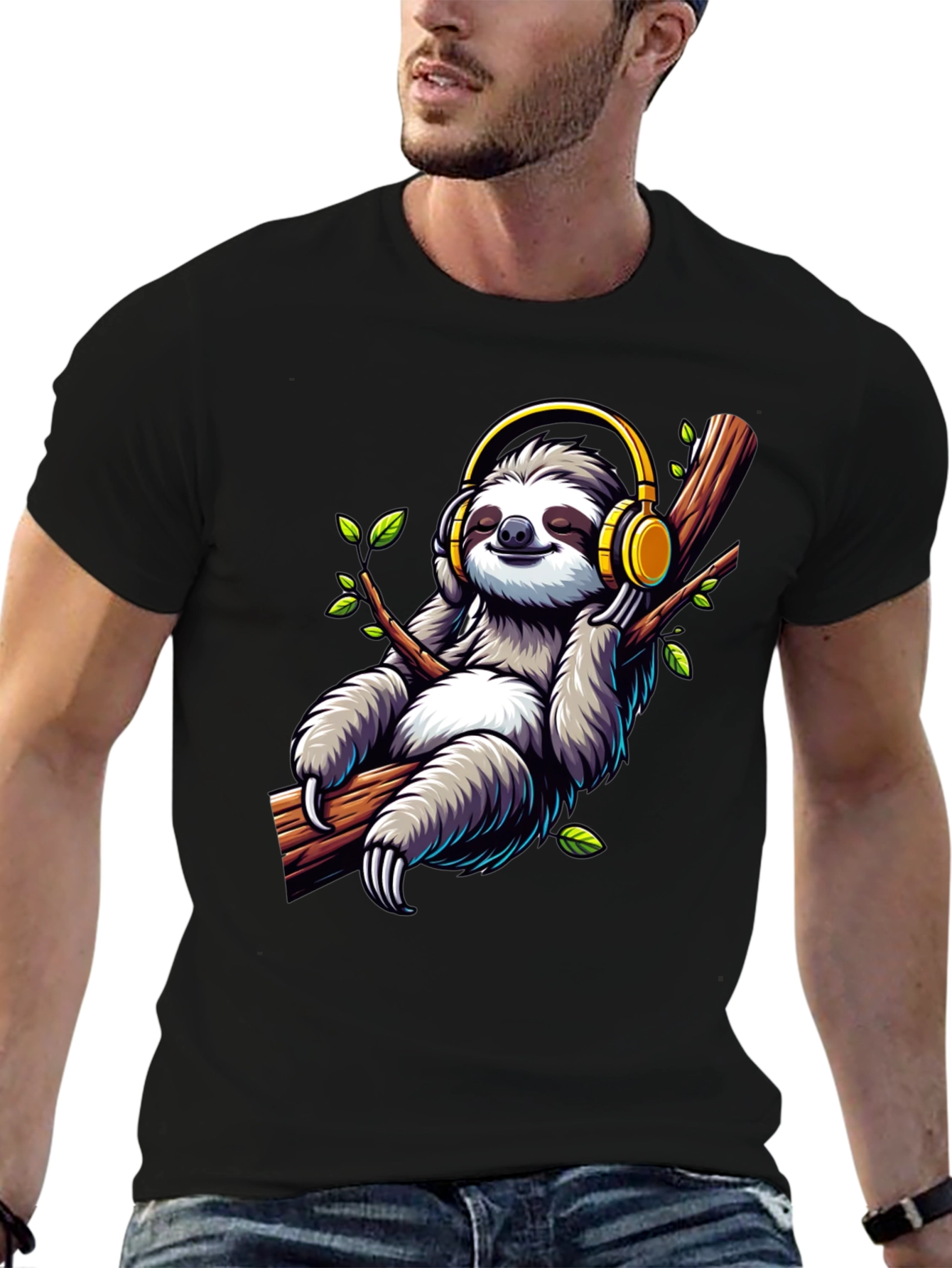 Sloth with Headphones Graphic T-Shirt
