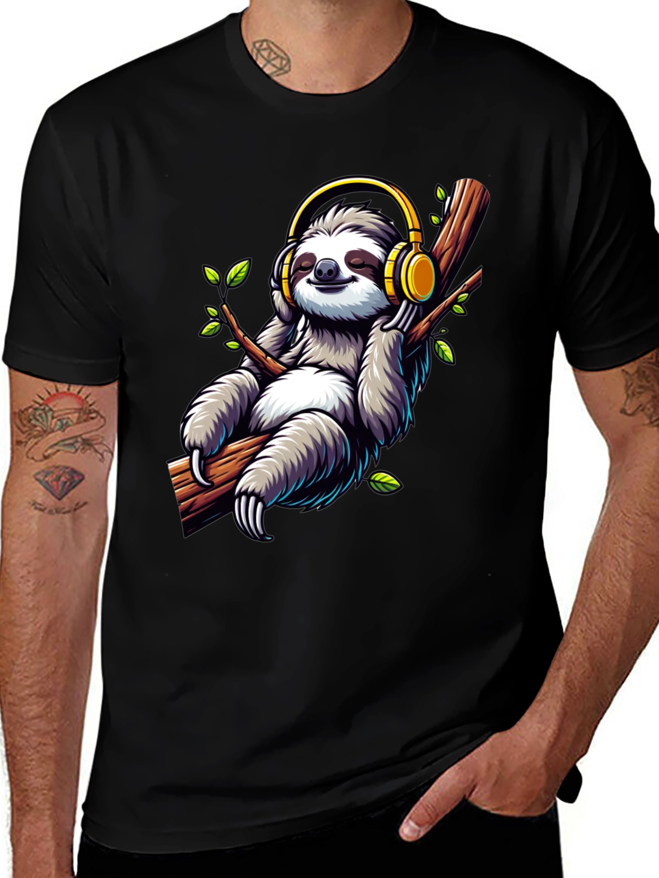 Sloth with Headphones Graphic T-Shirt