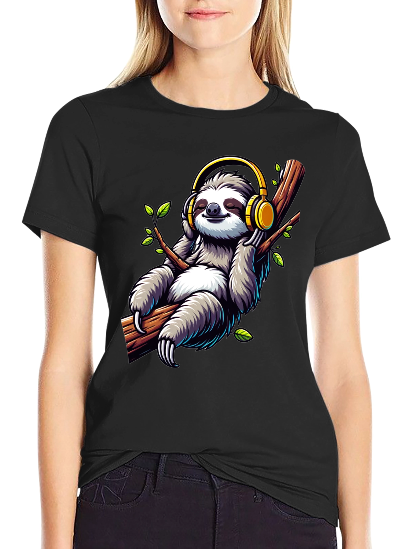 Sloth with Headphones Graphic T-Shirt