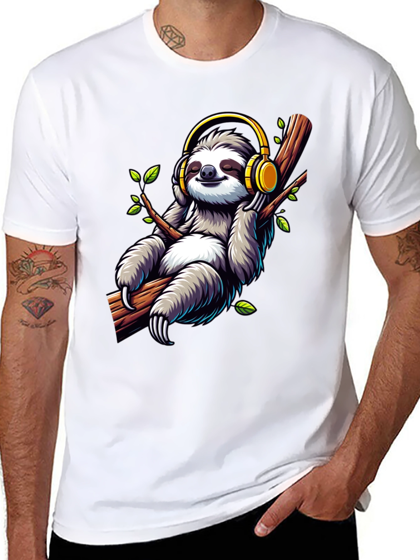 Sloth with Headphones Graphic T-Shirt
