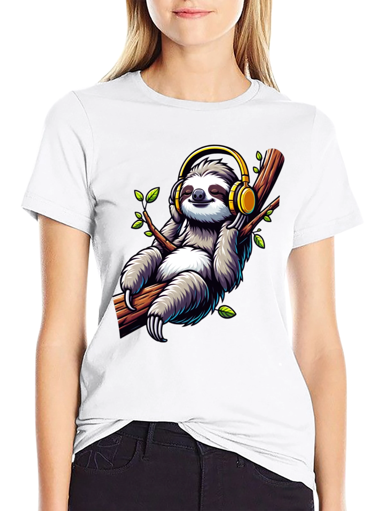 Sloth with Headphones Graphic T-Shirt
