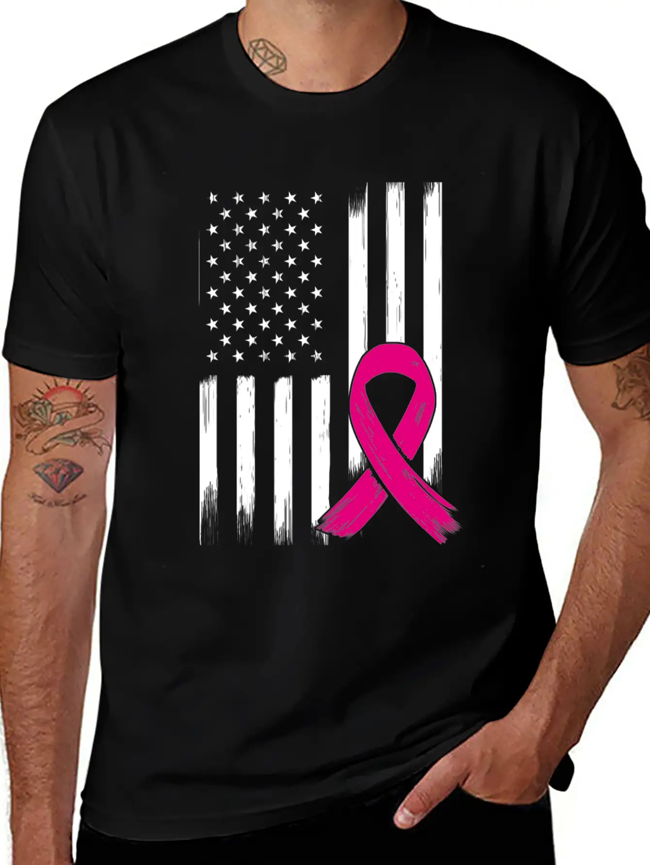 Breast Cancer US USA Flag Pink Ribbon Bow Unisex Short Sleeve Soft Cotton T-Shirt – Casual Everyday Wear