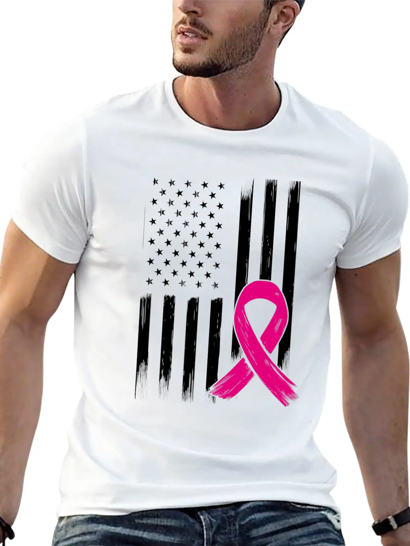 Breast Cancer US USA Flag Pink Ribbon Bow Unisex Short Sleeve Soft Cotton T-Shirt – Casual Everyday Wear