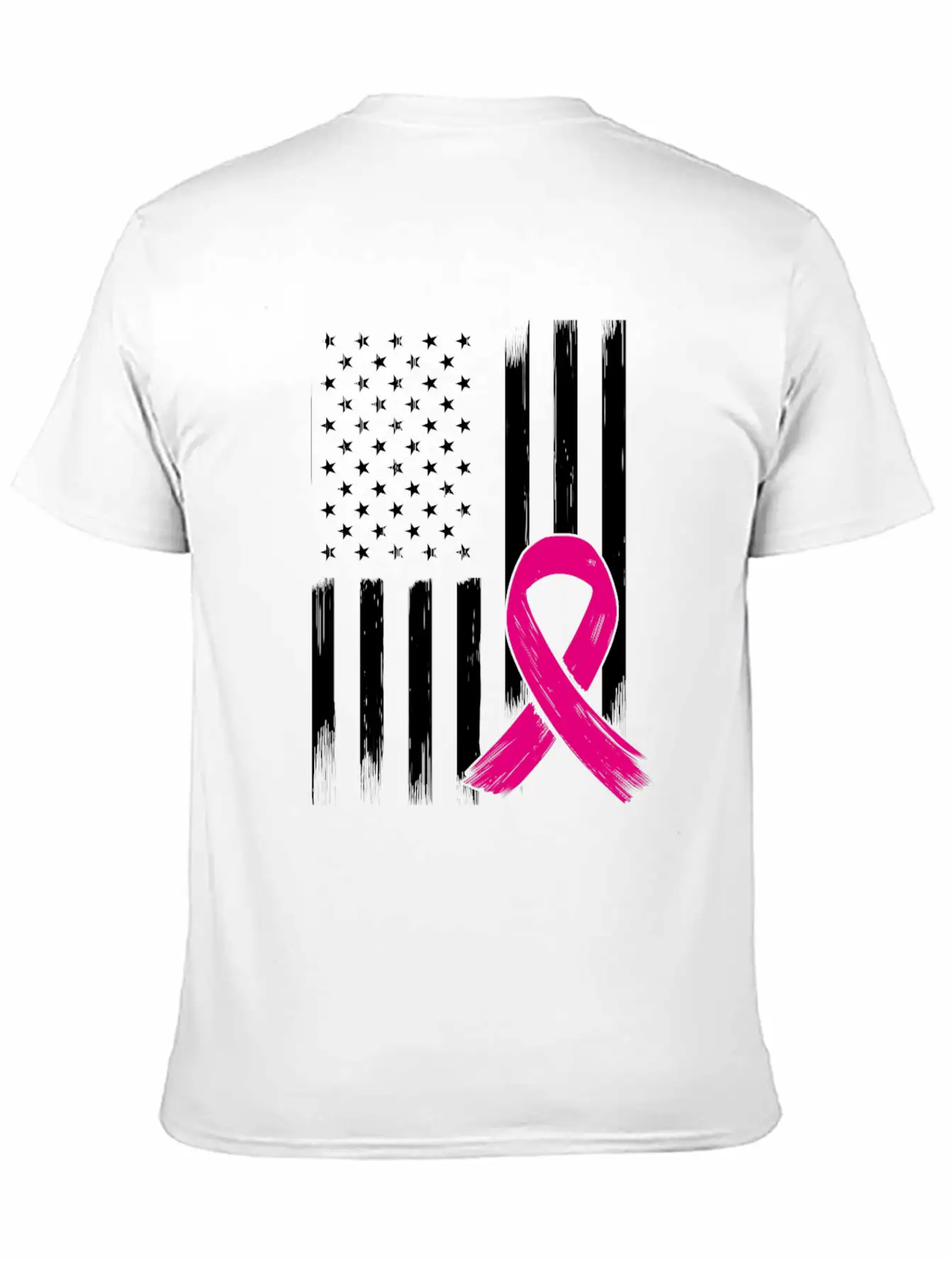Breast Cancer US USA Flag Pink Ribbon Bow Unisex Short Sleeve Soft Cotton T-Shirt – Casual Everyday Wear
