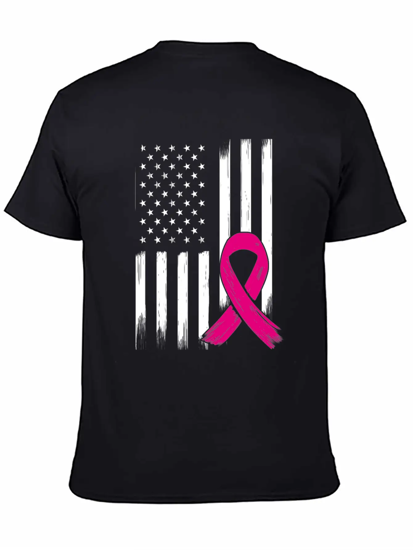 Breast Cancer US USA Flag Pink Ribbon Bow Unisex Short Sleeve Soft Cotton T-Shirt – Casual Everyday Wear