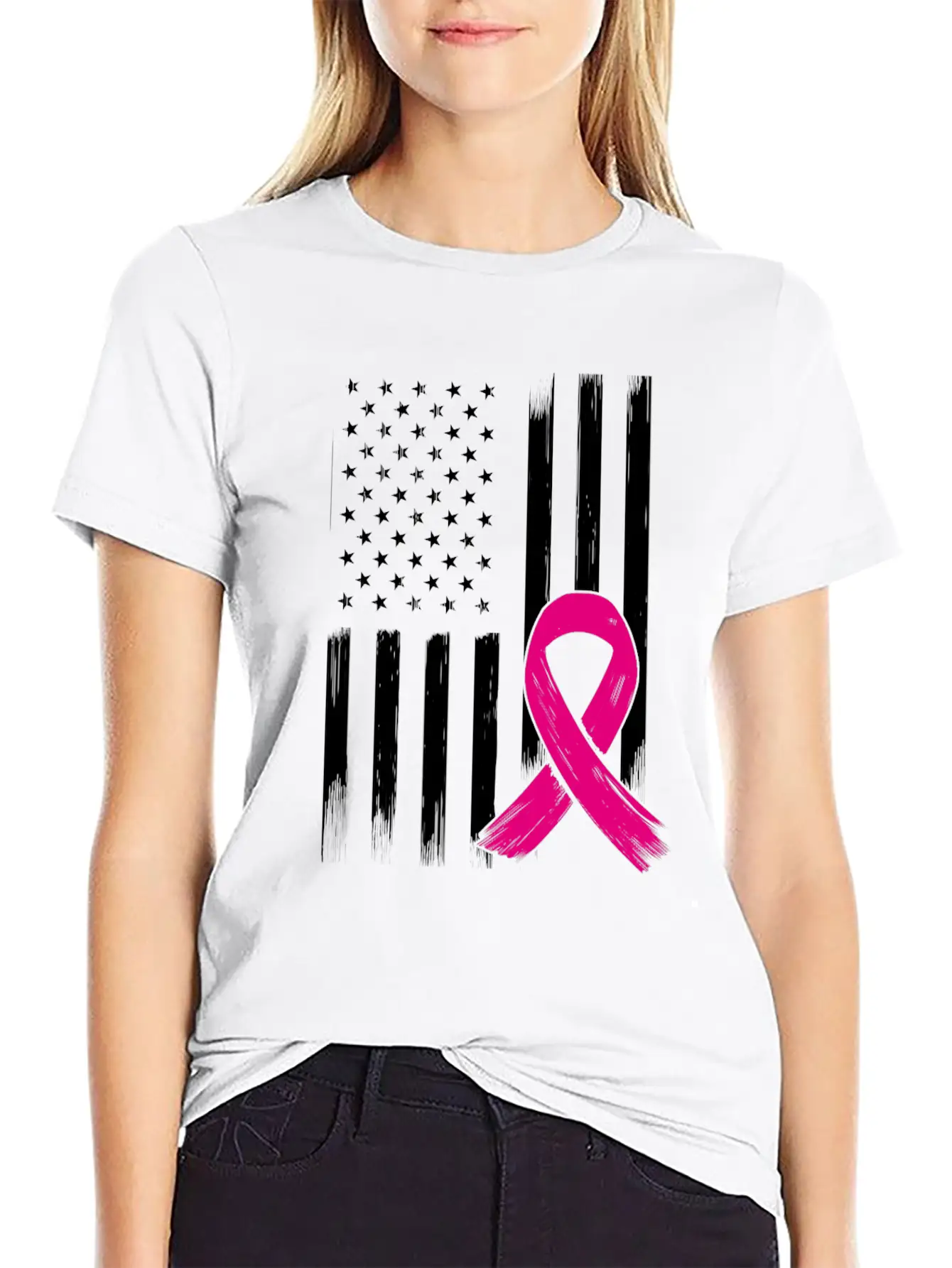 Breast Cancer US USA Flag Pink Ribbon Bow Unisex Short Sleeve Soft Cotton T-Shirt – Casual Everyday Wear