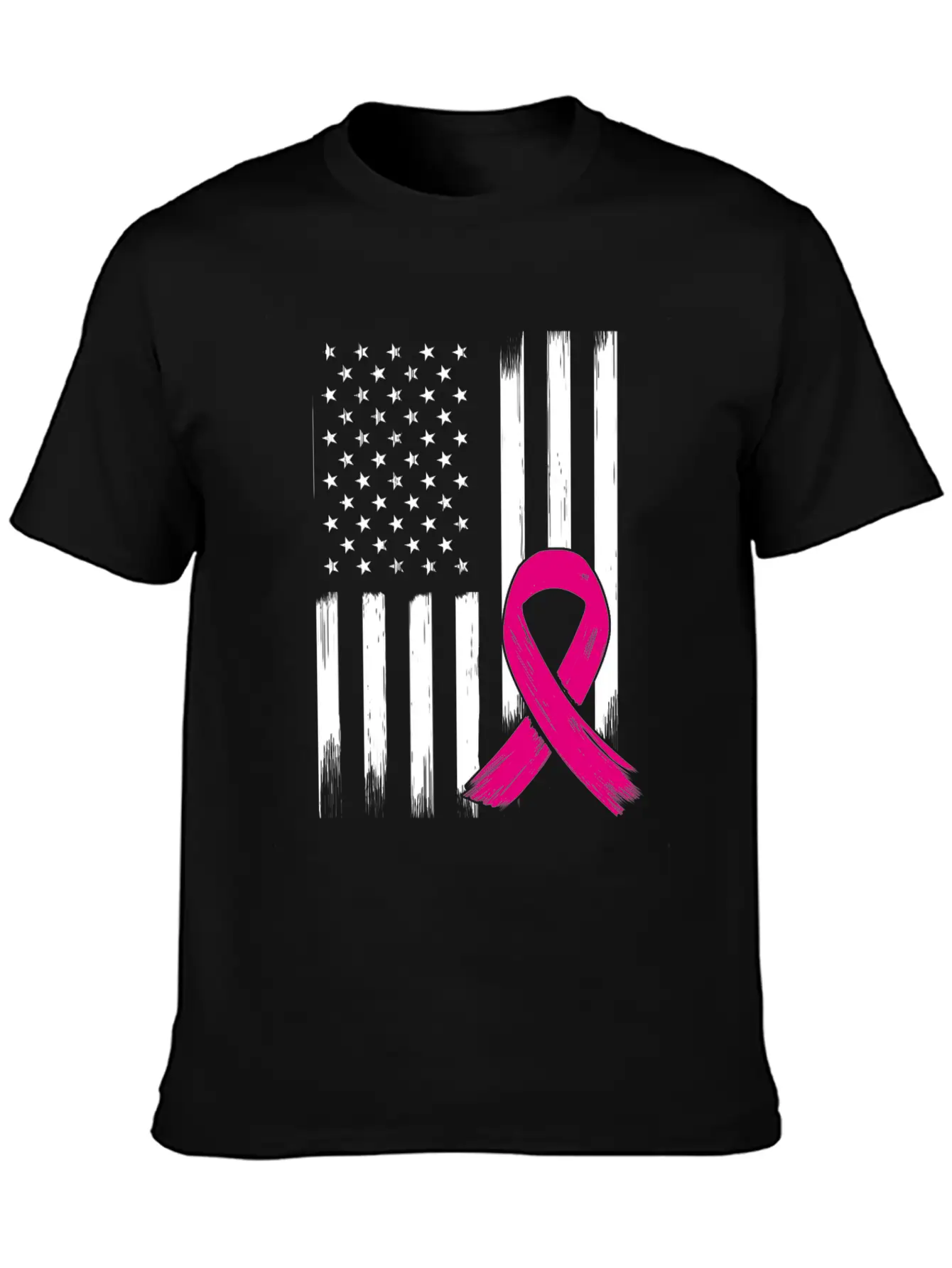 Breast Cancer US USA Flag Pink Ribbon Bow Unisex Short Sleeve Soft Cotton T-Shirt – Casual Everyday Wear