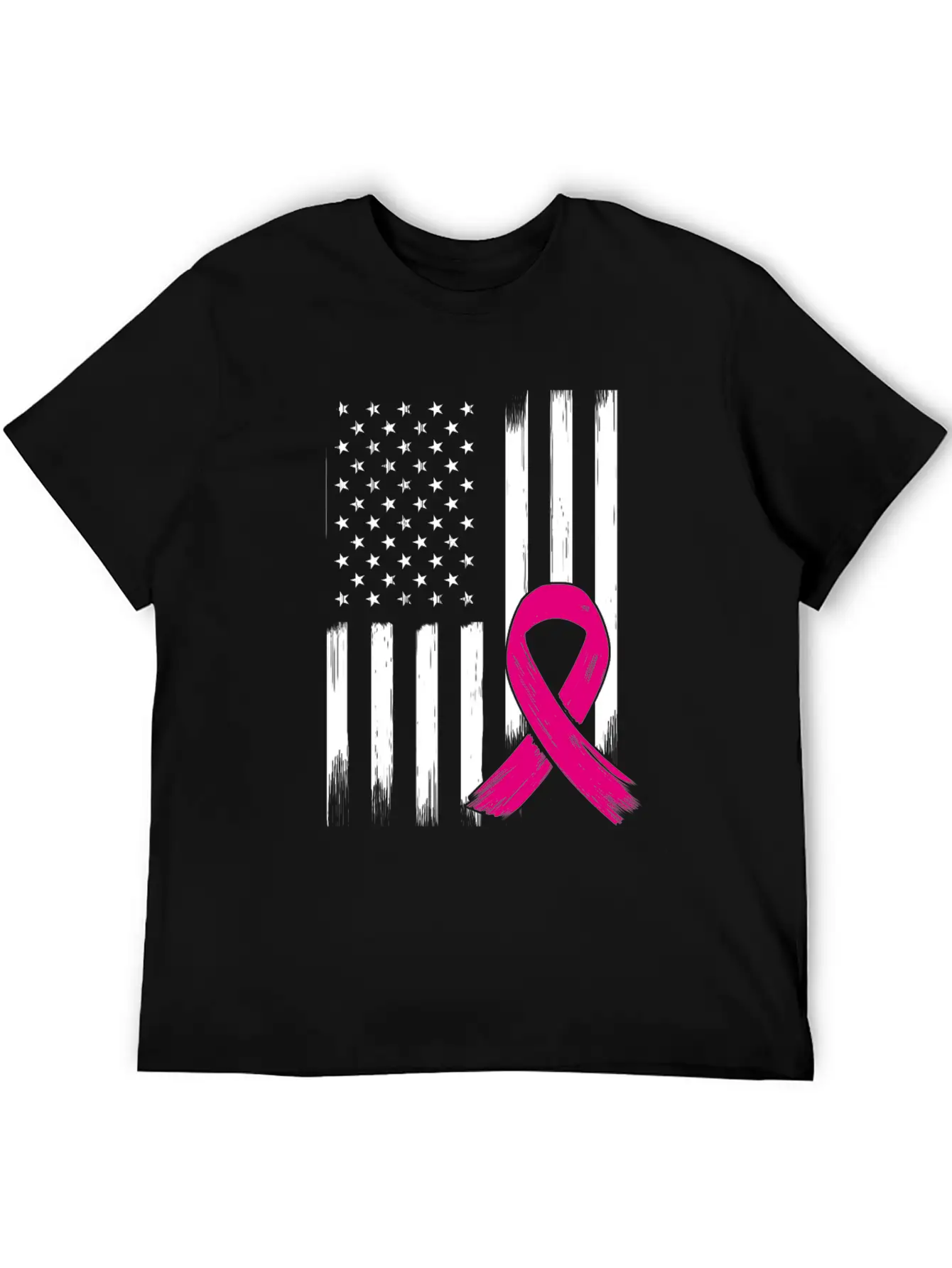 Breast Cancer US USA Flag Pink Ribbon Bow Unisex Short Sleeve Soft Cotton T-Shirt – Casual Everyday Wear