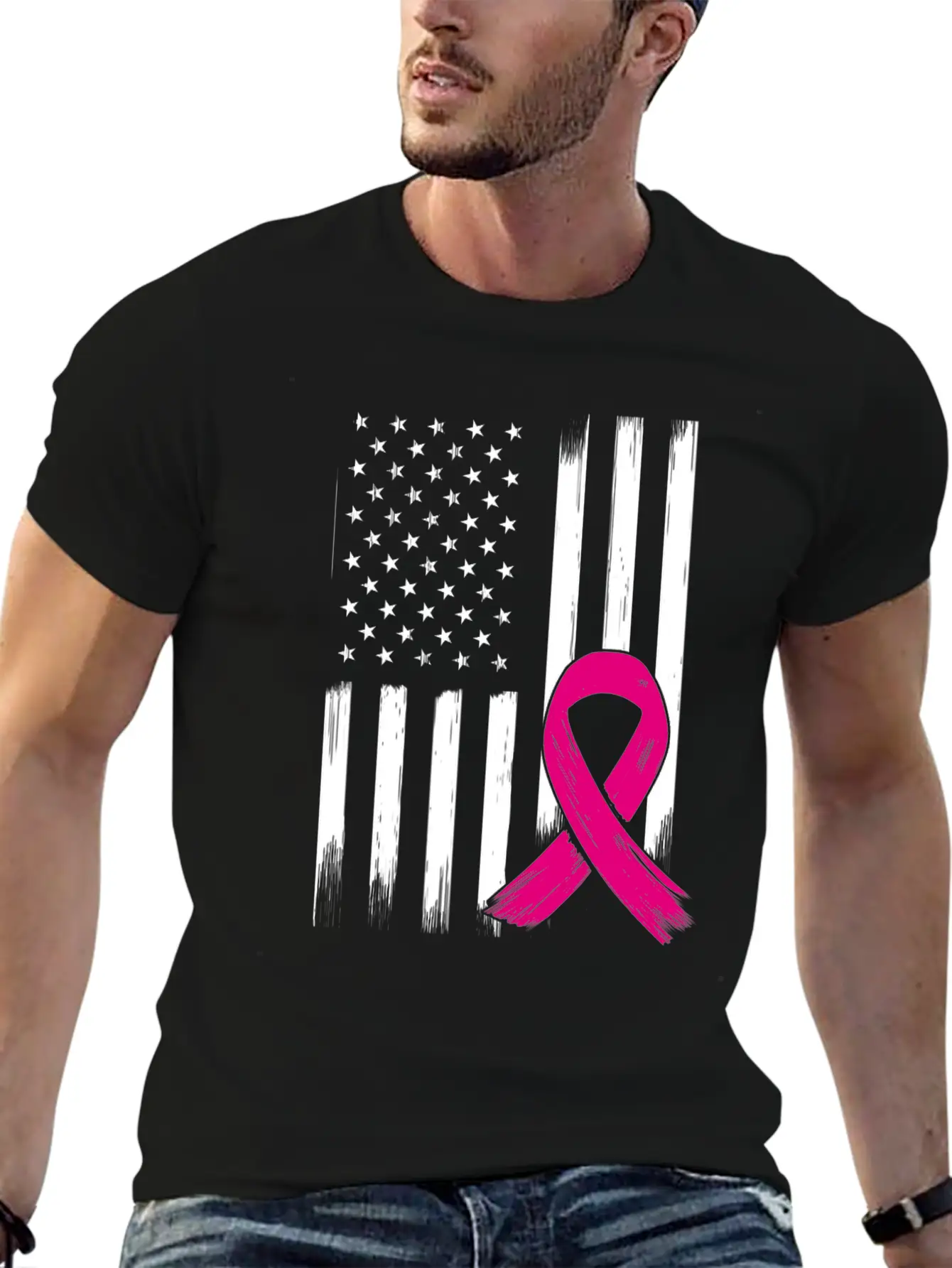 Breast Cancer US USA Flag Pink Ribbon Bow Unisex Short Sleeve Soft Cotton T-Shirt – Casual Everyday Wear