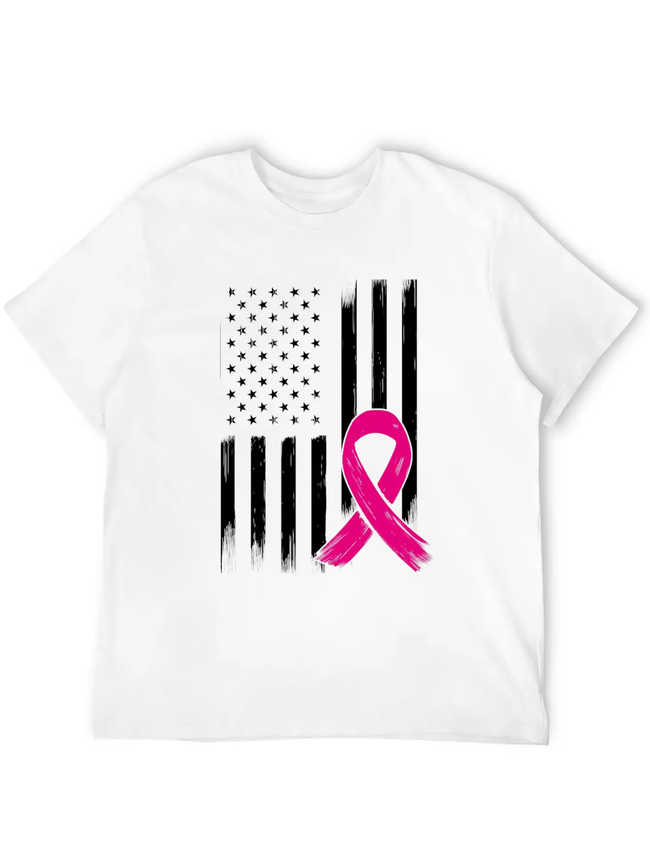 Breast Cancer US USA Flag Pink Ribbon Bow Unisex Short Sleeve Soft Cotton T-Shirt – Casual Everyday Wear
