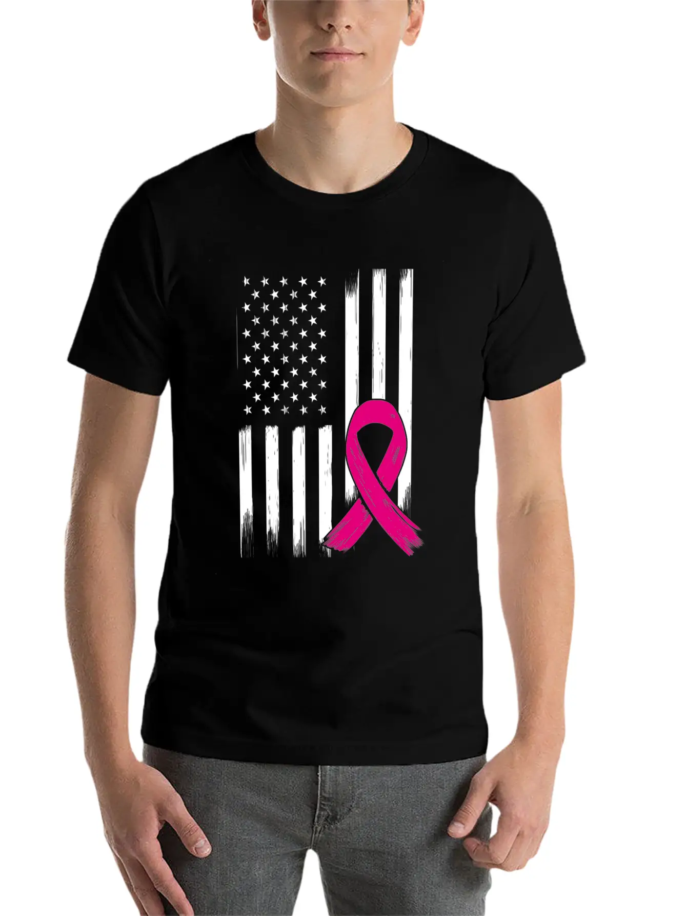 Breast Cancer US USA Flag Pink Ribbon Bow Unisex Short Sleeve Soft Cotton T-Shirt – Casual Everyday Wear