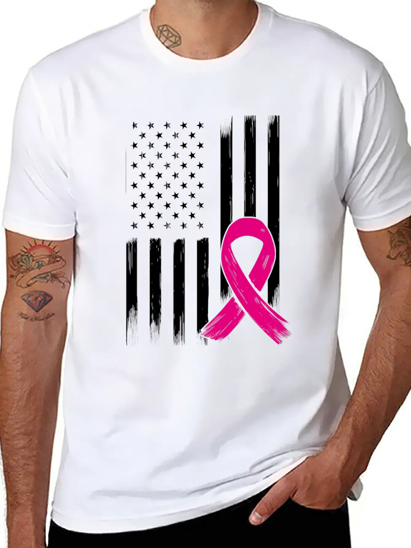Breast Cancer US USA Flag Pink Ribbon Bow Unisex Short Sleeve Soft Cotton T-Shirt – Casual Everyday Wear