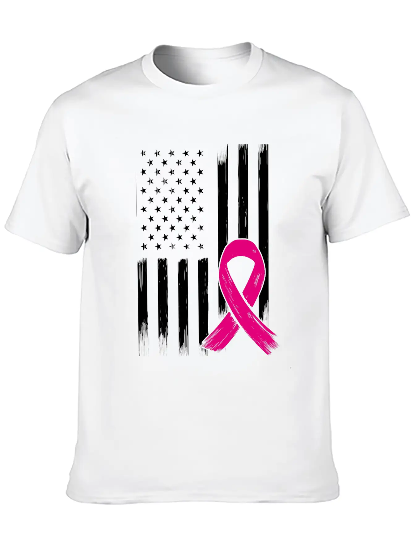 Breast Cancer US USA Flag Pink Ribbon Bow Unisex Short Sleeve Soft Cotton T-Shirt – Casual Everyday Wear