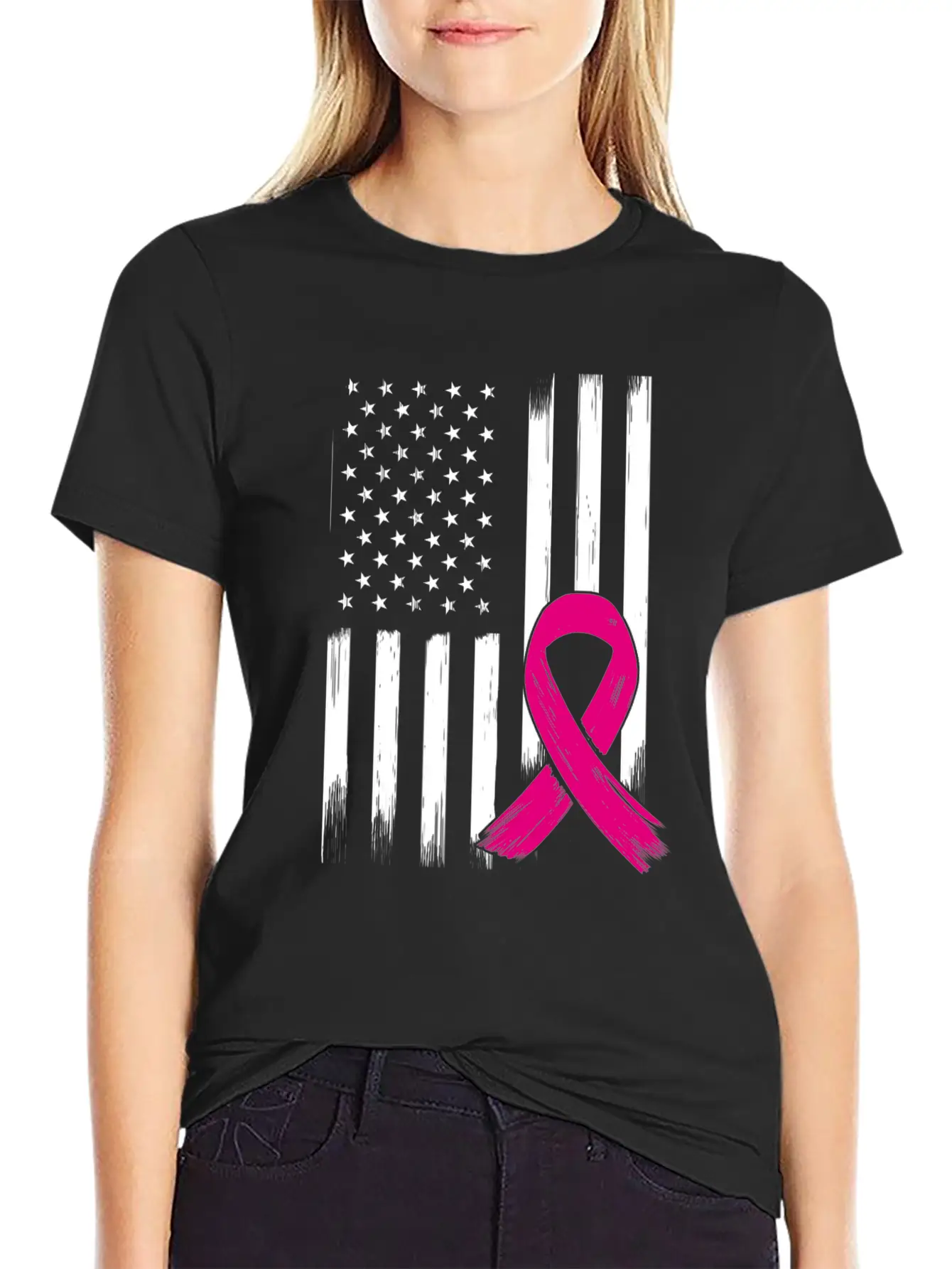 Breast Cancer US USA Flag Pink Ribbon Bow Unisex Short Sleeve Soft Cotton T-Shirt – Casual Everyday Wear