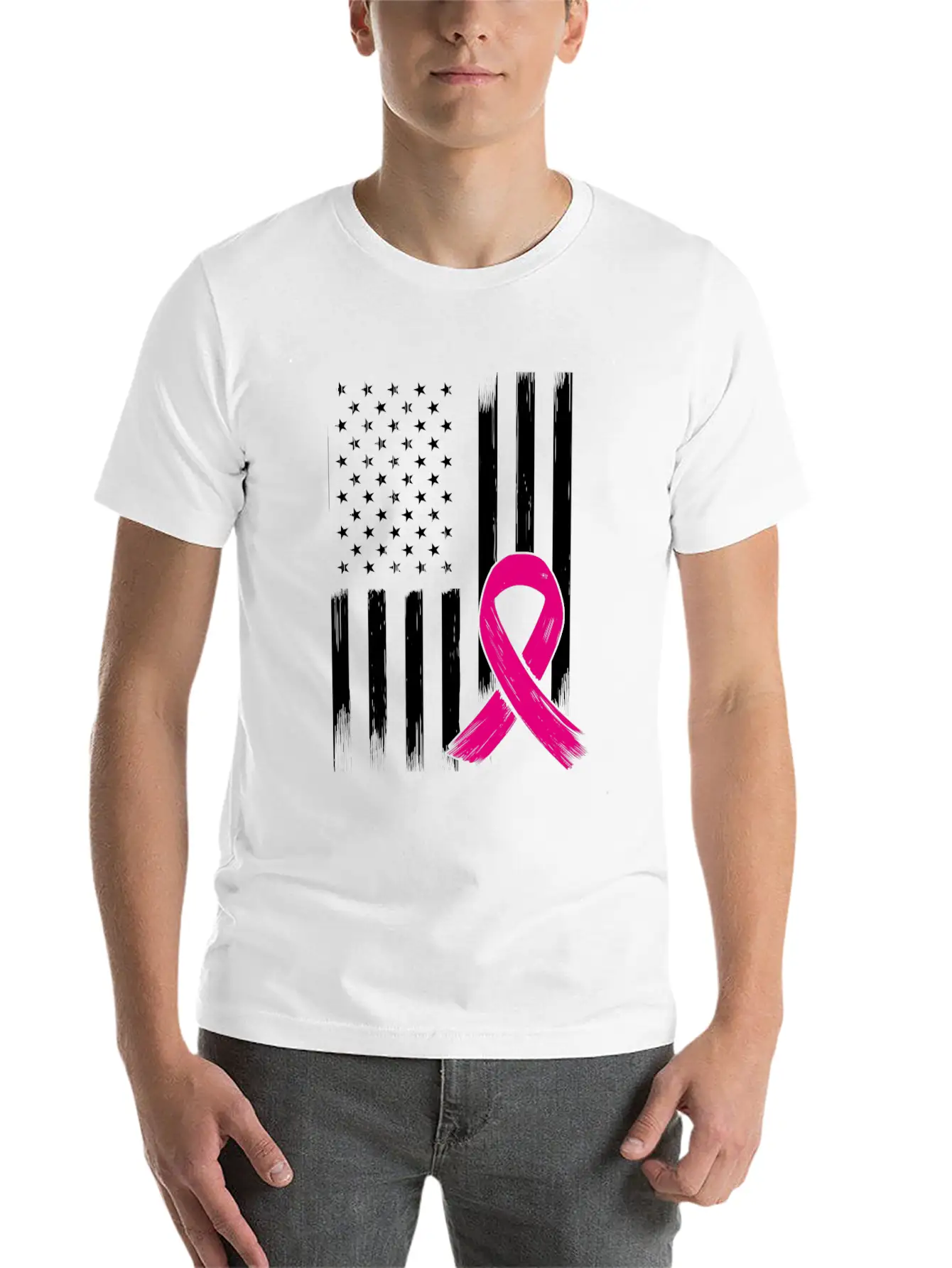 Breast Cancer US USA Flag Pink Ribbon Bow Unisex Short Sleeve Soft Cotton T-Shirt – Casual Everyday Wear