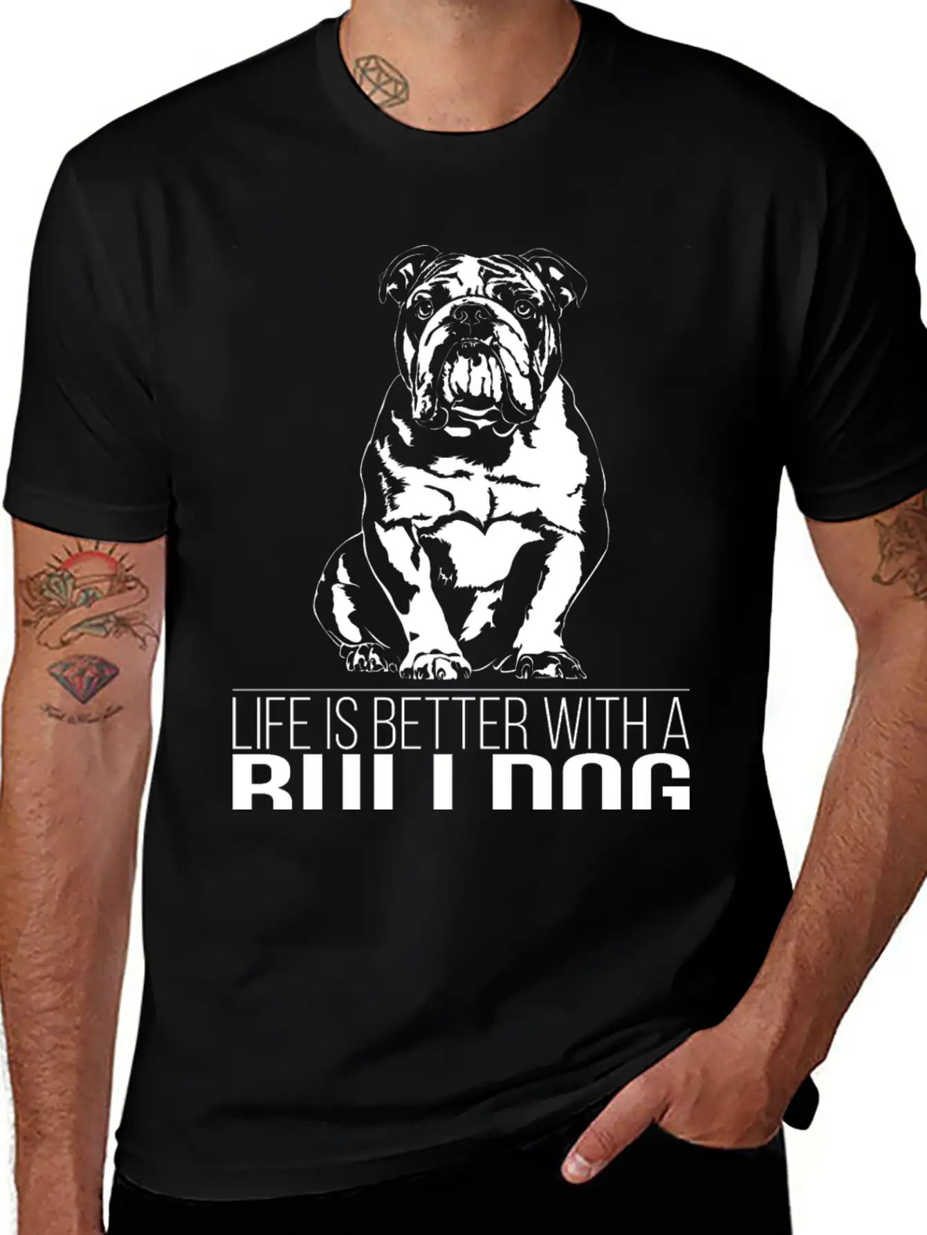 British BULLDOG Life Is Better Dog Saying Wilsigns Stylish Everyday T-Shirt – Unisex Basic Cotton Tee
