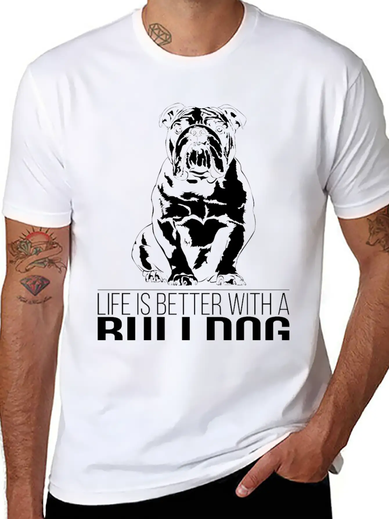 British BULLDOG Life Is Better Dog Saying Wilsigns Stylish Everyday T-Shirt – Unisex Basic Cotton Tee