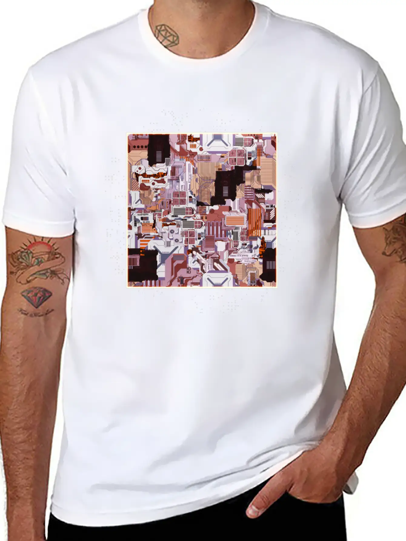 Brown Stylized Motherboard Unisex Short Sleeve Soft Cotton T-Shirt – Casual Everyday Wear