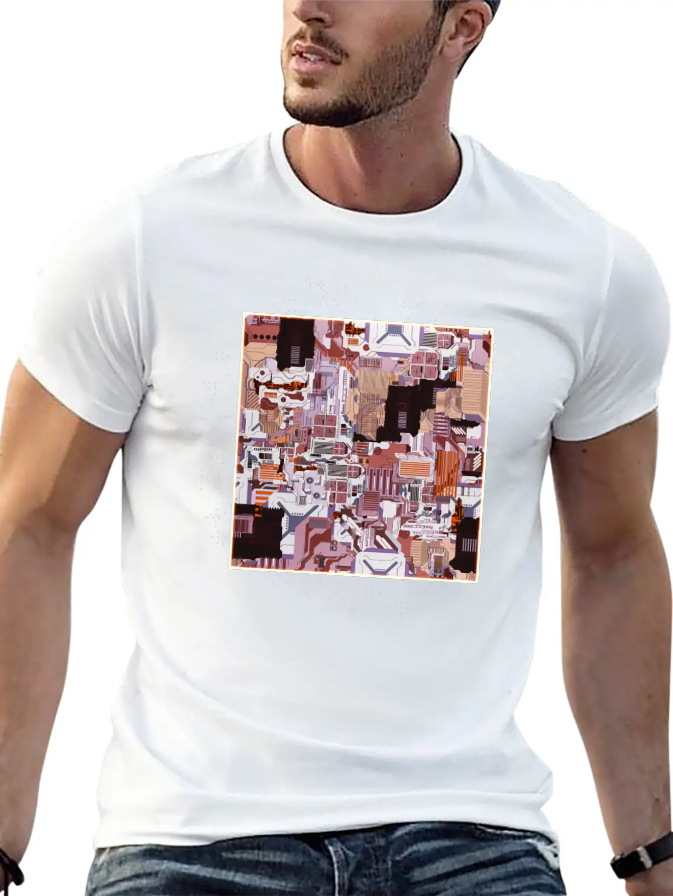 Brown Stylized Motherboard Unisex Short Sleeve Soft Cotton T-Shirt – Casual Everyday Wear