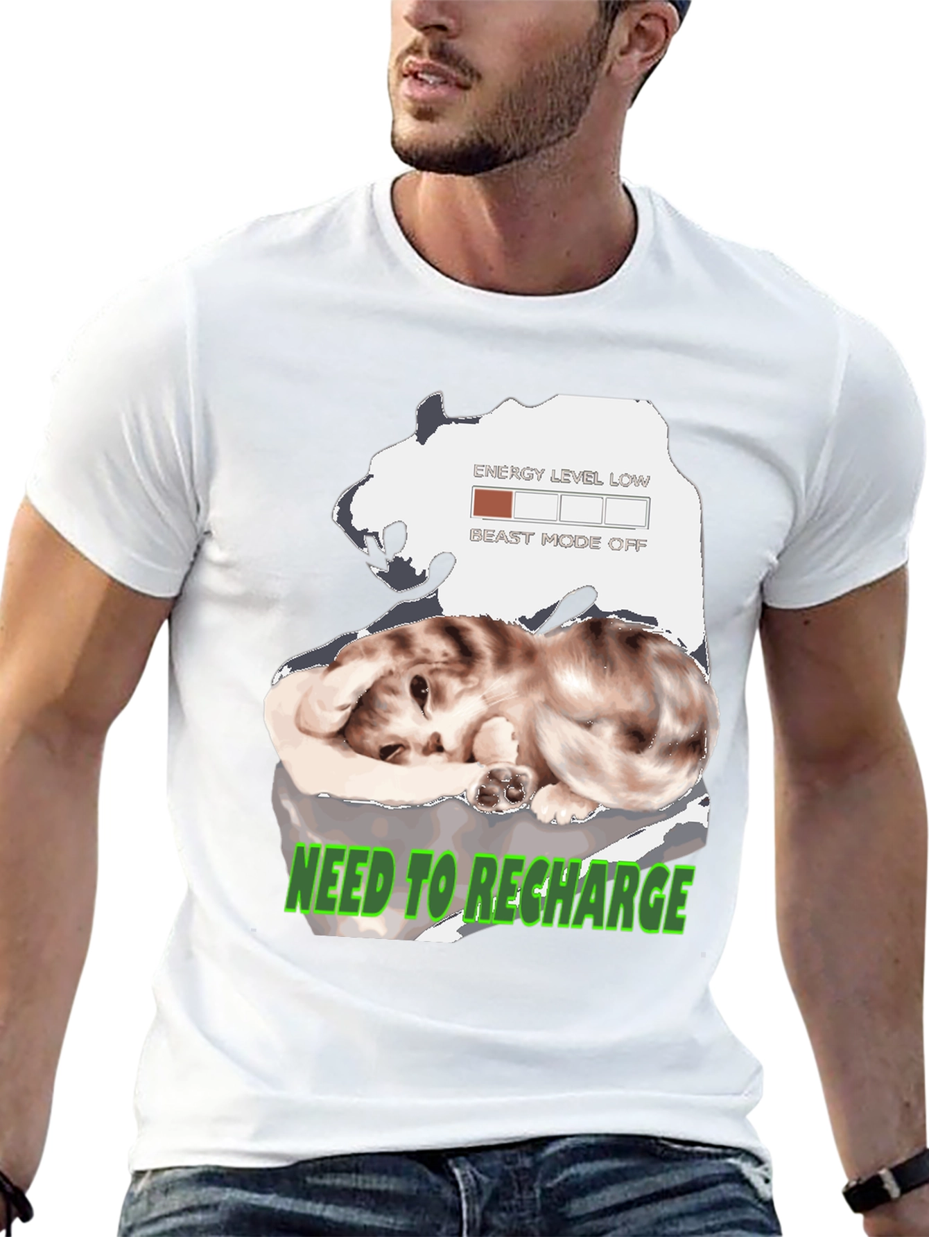 Recharge Cat Graphic T-Shirt: Low Energy Mode
