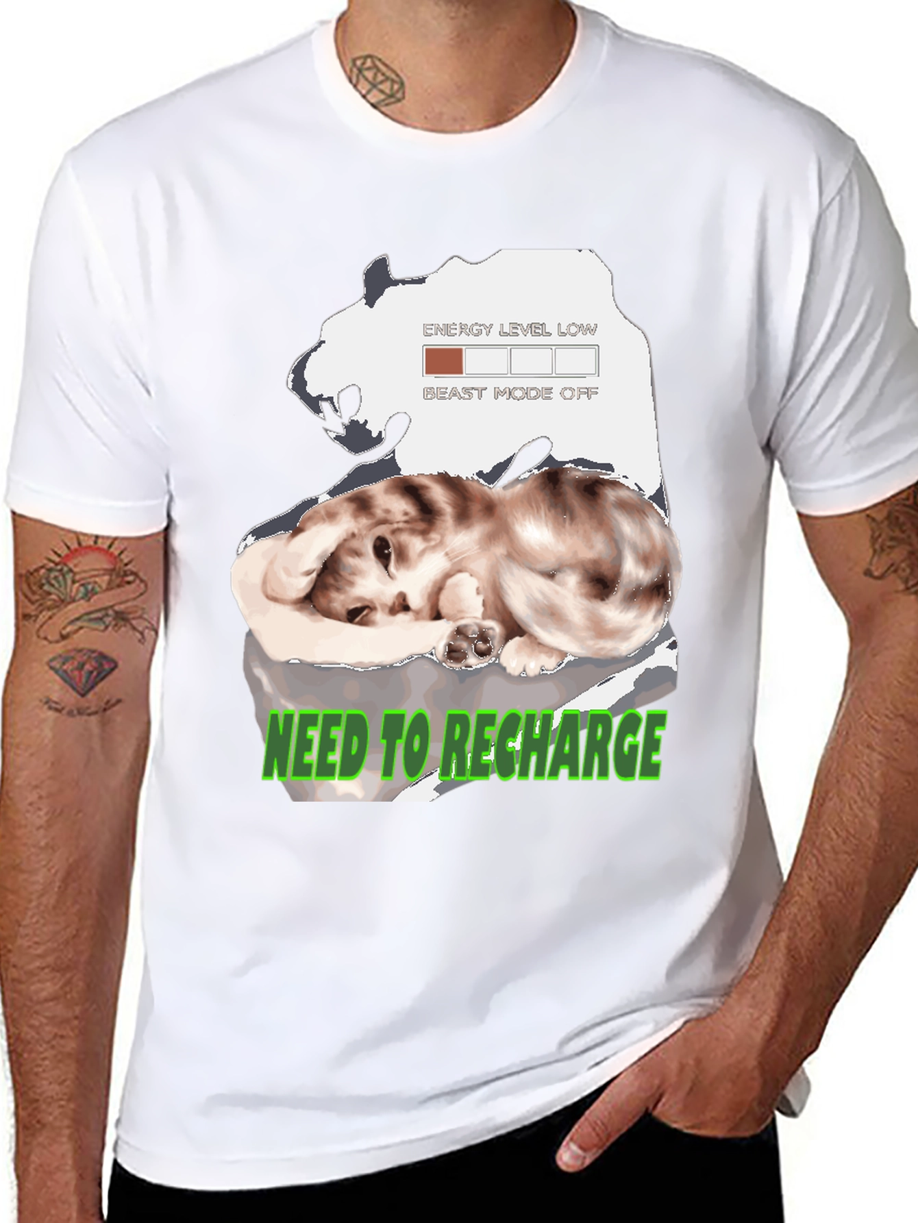 Recharge Cat Graphic T-Shirt: Low Energy Mode