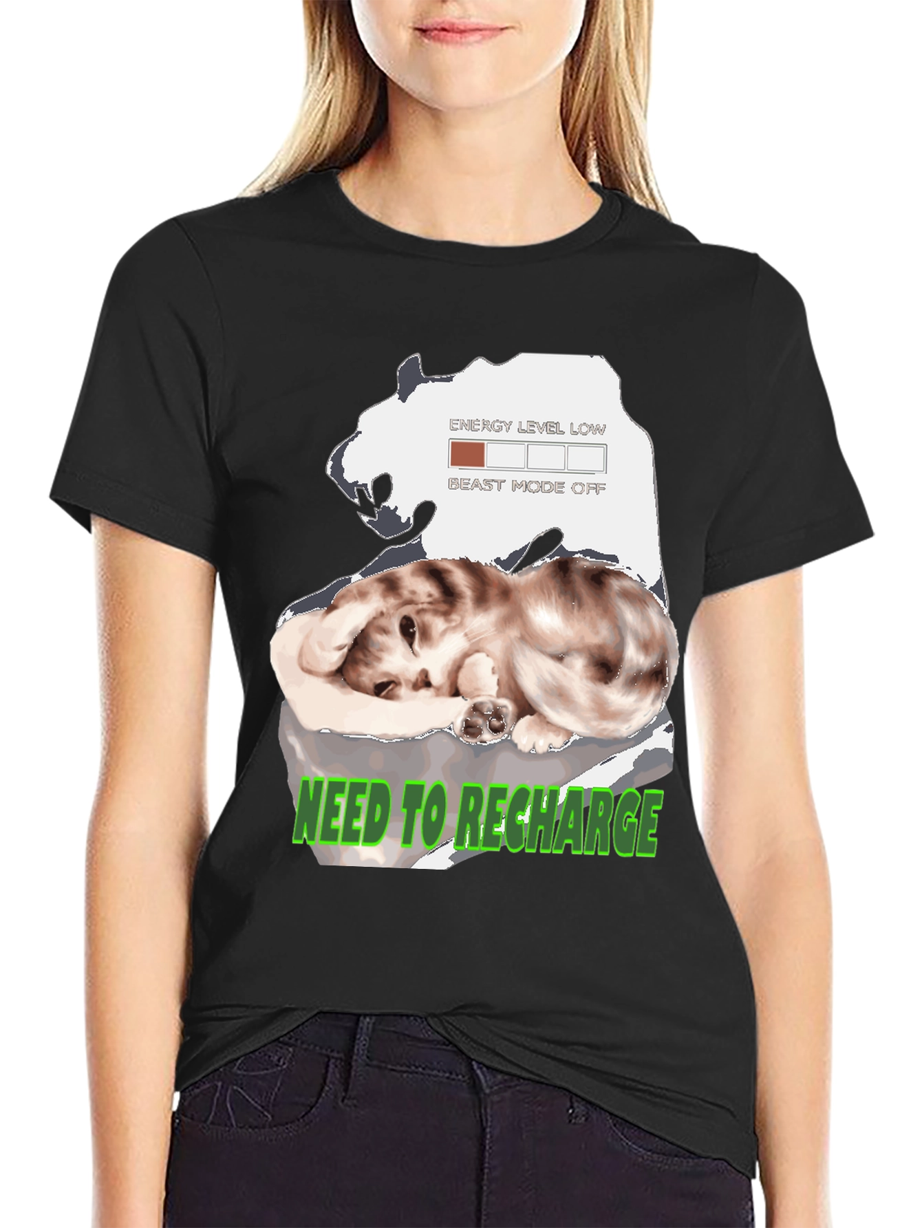Recharge Cat Graphic T-Shirt: Low Energy Mode
