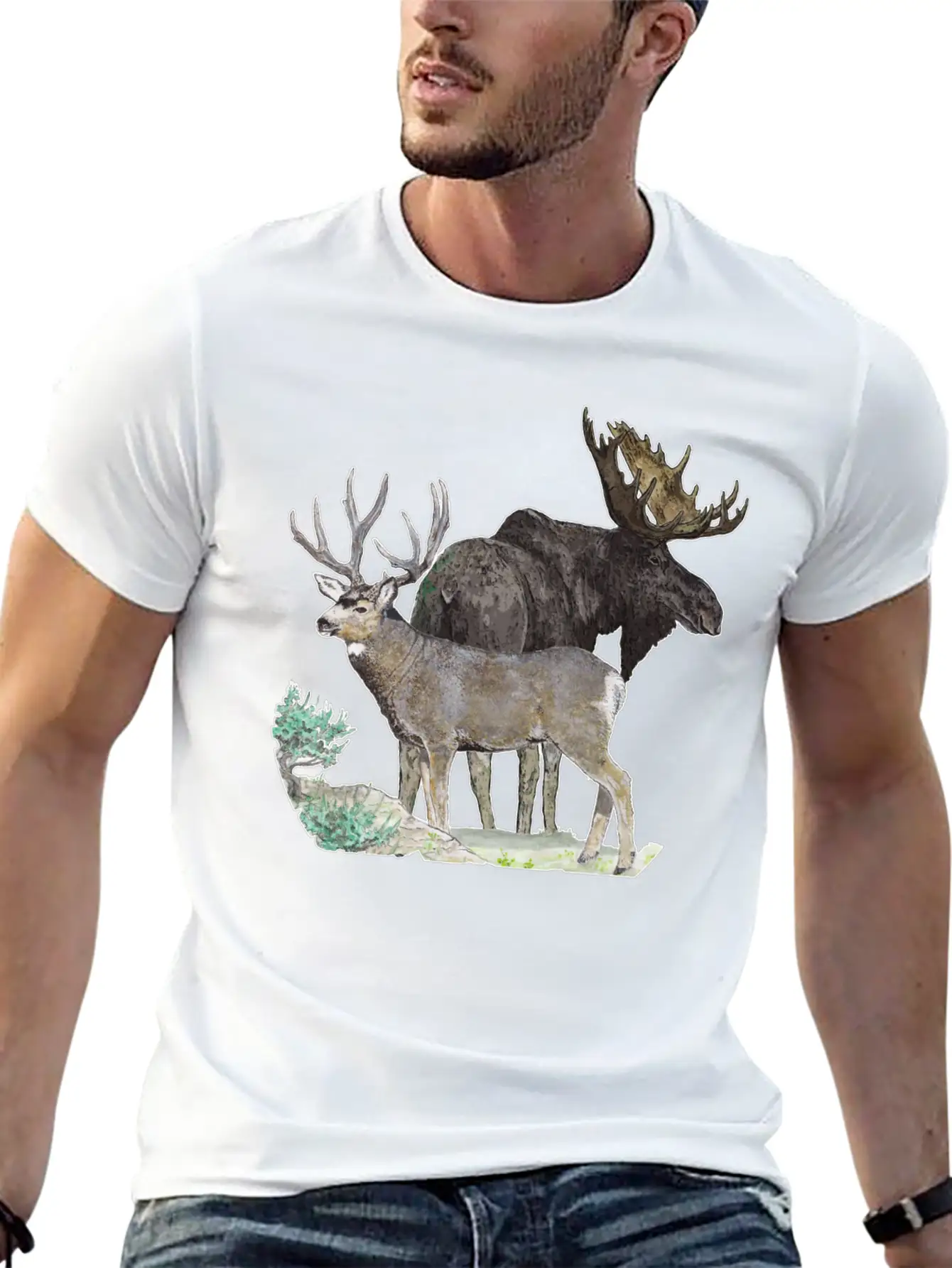 Bull Moose And Mule Deer Buck Stylish Everyday T-Shirt – Unisex Basic Cotton Tee
